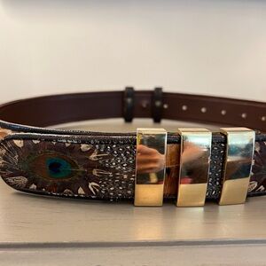 Vintage Guy Laroche Genuine Peacock Feather Belt Gold Hardware 40” Women’s XL